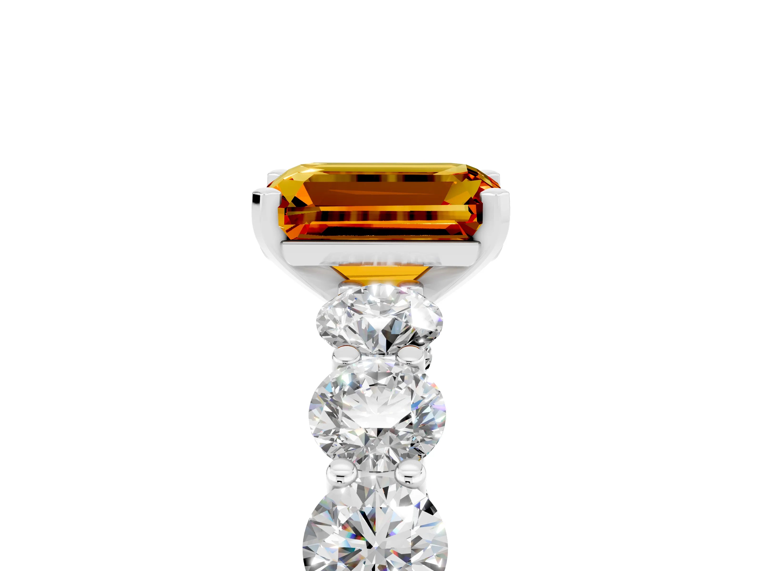 White gold Emerald Cut Citrine Prong Setting with Side Stones on a Pave Band_5