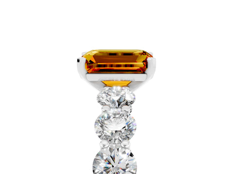 White gold Emerald Cut Citrine Prong Setting with Side Stones on a Pave Band_5