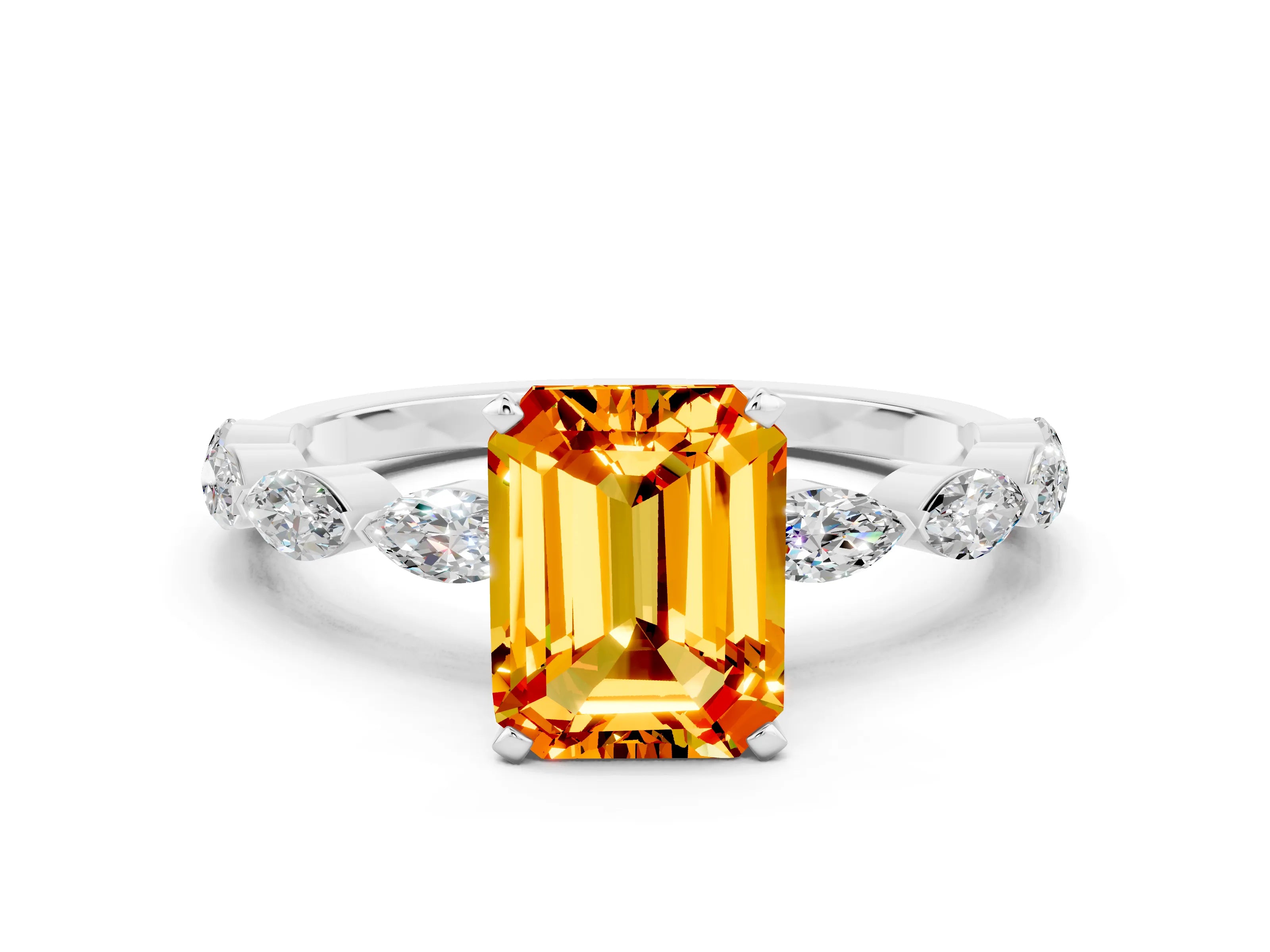 White gold Emerald Cut Citrine Ring with Marquise Side Stones and Prong Setting