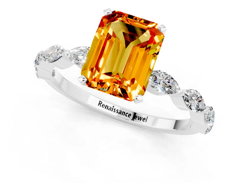 White gold Emerald Cut Citrine Ring with Marquise Side Stones and Prong Setting_1