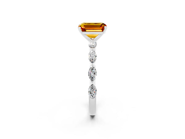 Platinum Emerald Cut Citrine Ring with Marquise Side Stones and Prong Setting