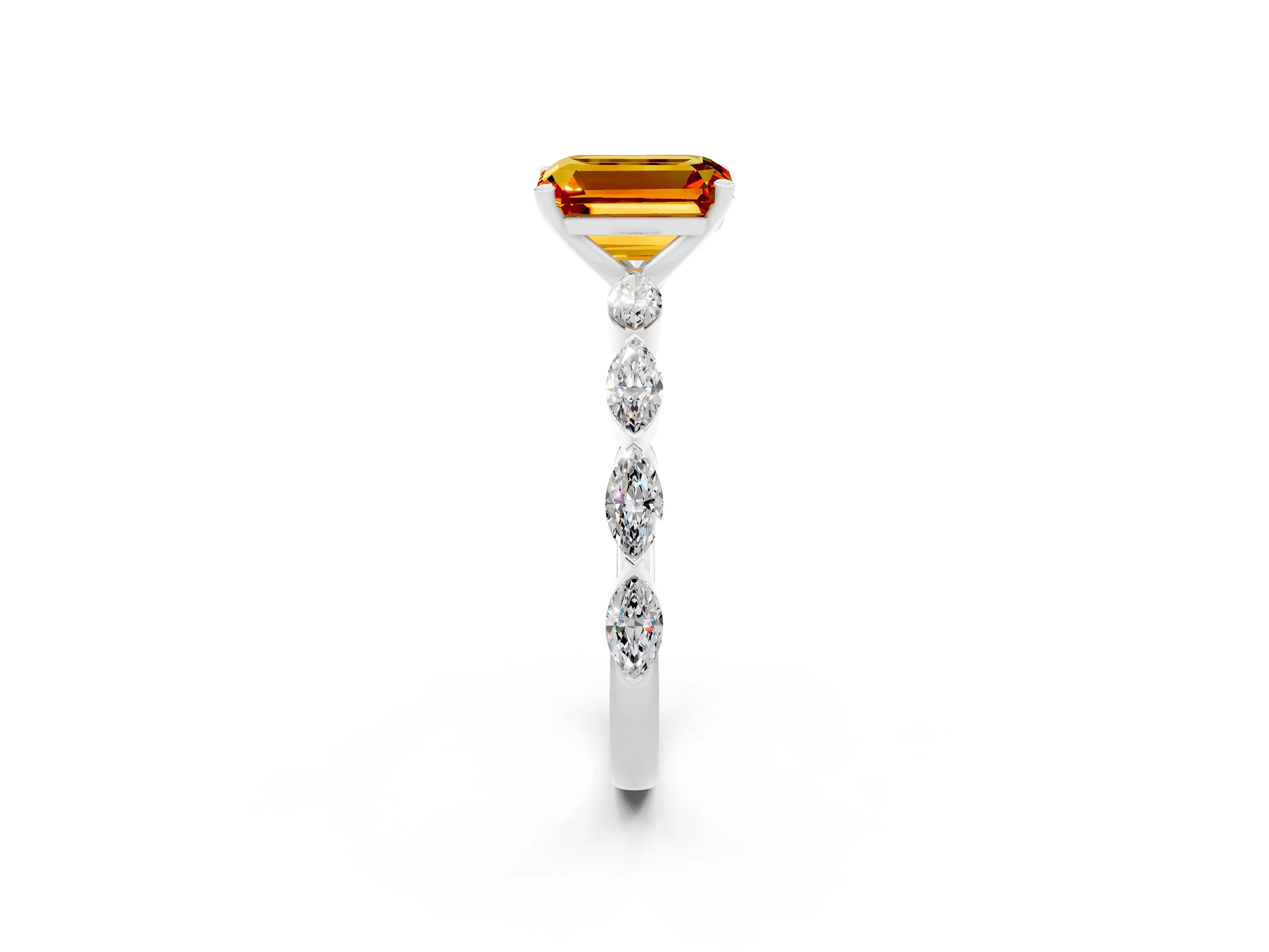 White gold Emerald Cut Citrine Ring with Marquise Side Stones and Prong Setting_2