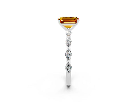 White gold Emerald Cut Citrine Ring with Marquise Side Stones and Prong Setting_2