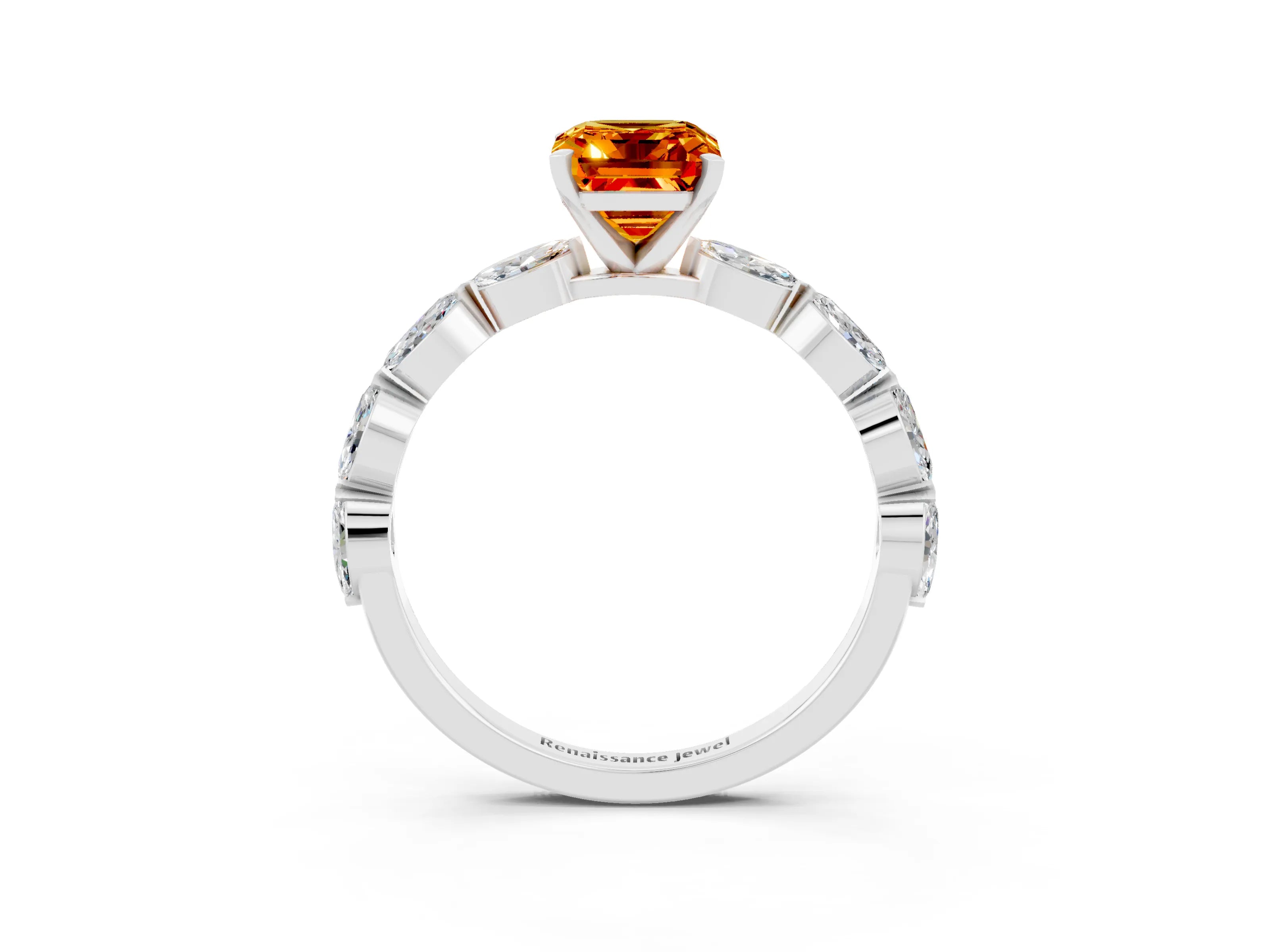 White gold Emerald Cut Citrine Ring with Marquise Side Stones and Prong Setting_3