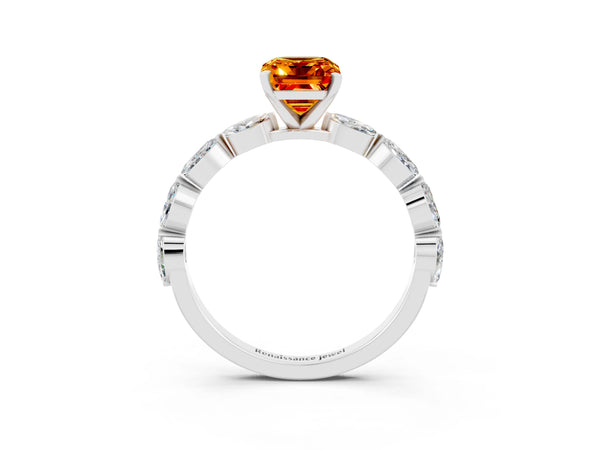 Silver Emerald Cut Citrine Ring with Marquise Side Stones and Prong Setting