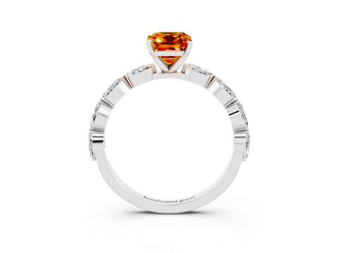 White gold Emerald Cut Citrine Ring with Marquise Side Stones and Prong Setting_3
