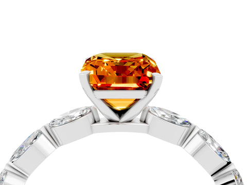 White gold Emerald Cut Citrine Ring with Marquise Side Stones and Prong Setting_4