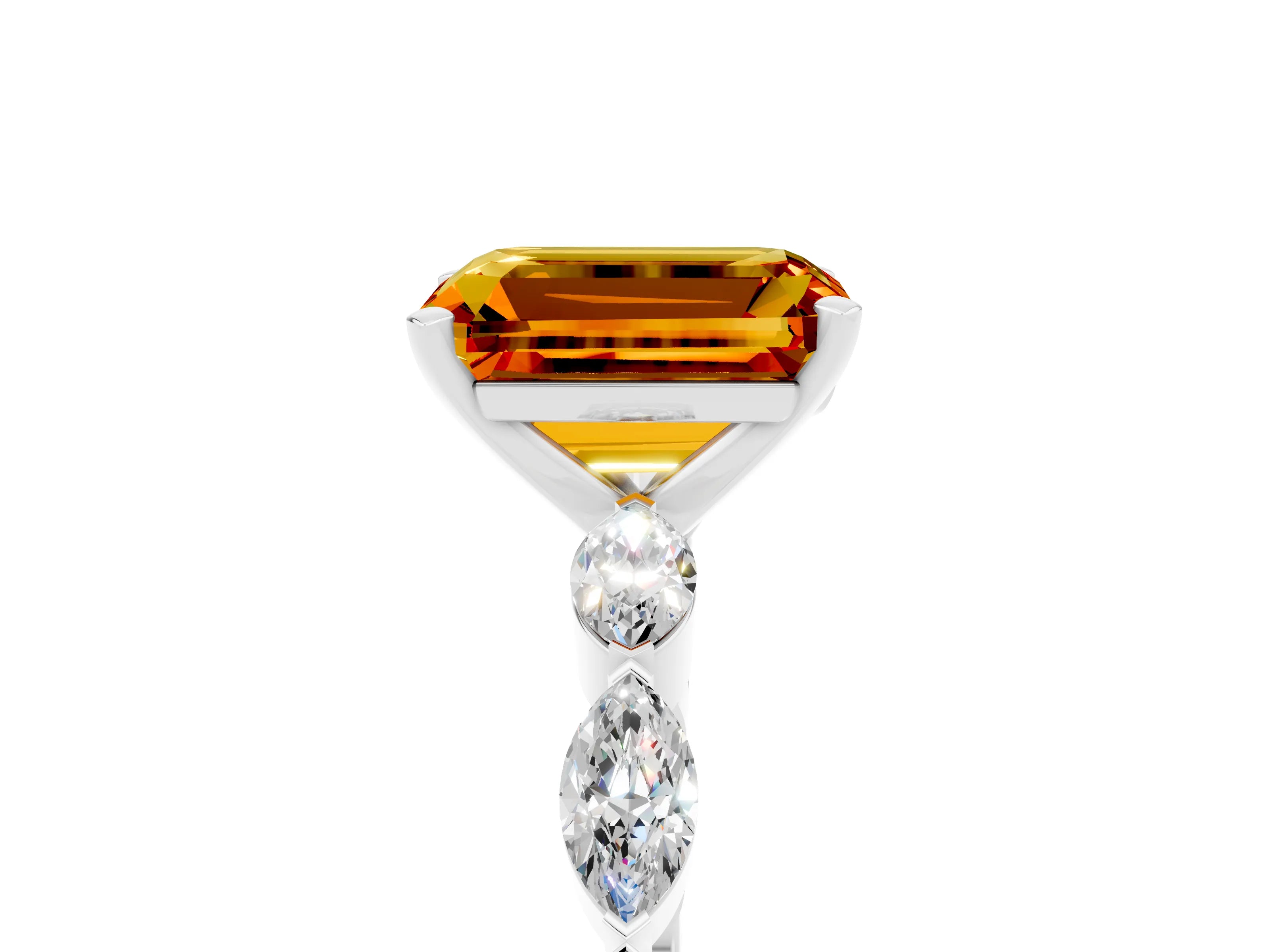 White gold Emerald Cut Citrine Ring with Marquise Side Stones and Prong Setting_5