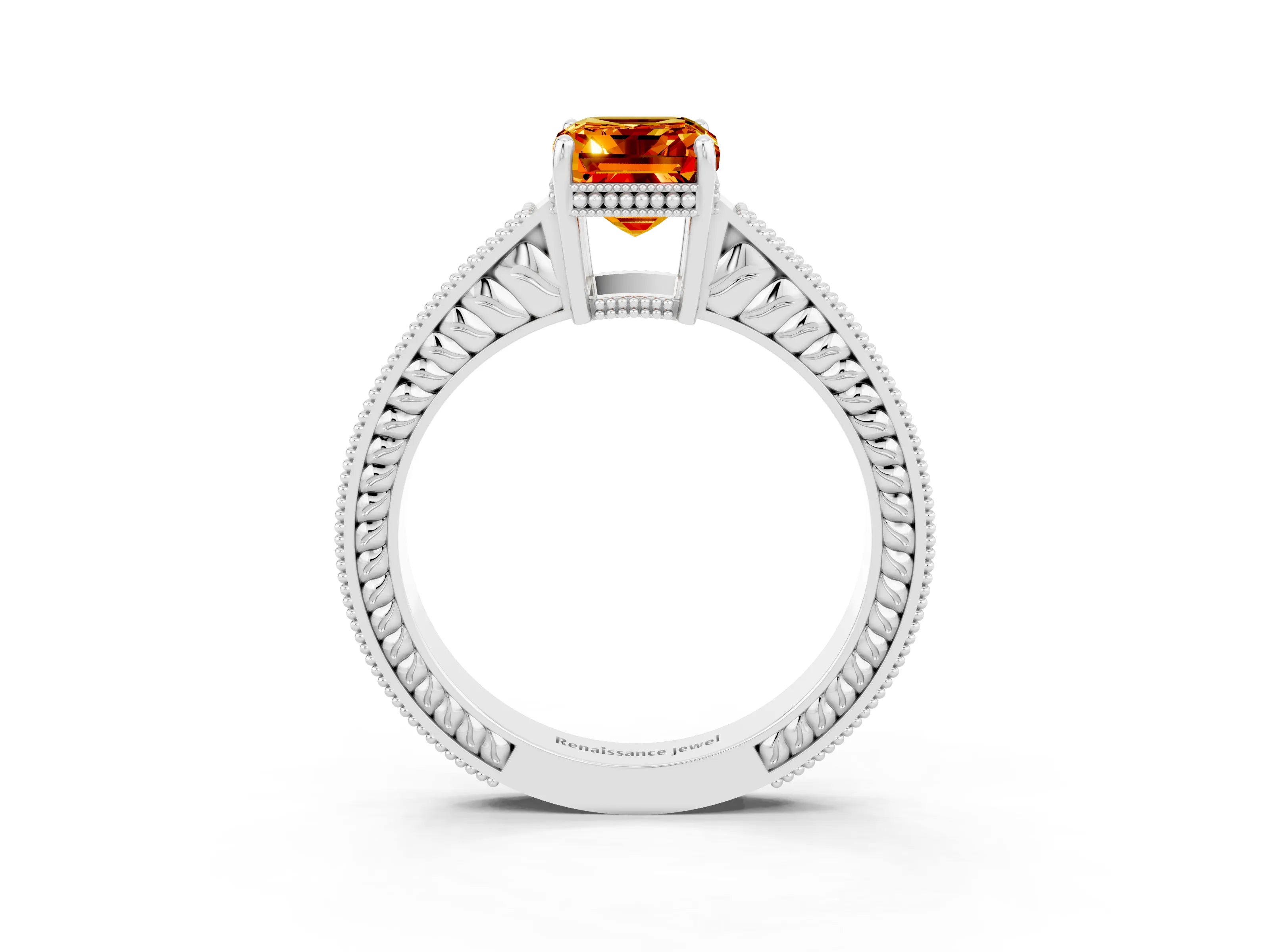 White gold Emerald Cut Citrine Ring with Milgrain Pavé Band and Four-Prong Setting_15