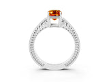 White gold Emerald Cut Citrine Ring with Milgrain Pavé Band and Four-Prong Setting_15