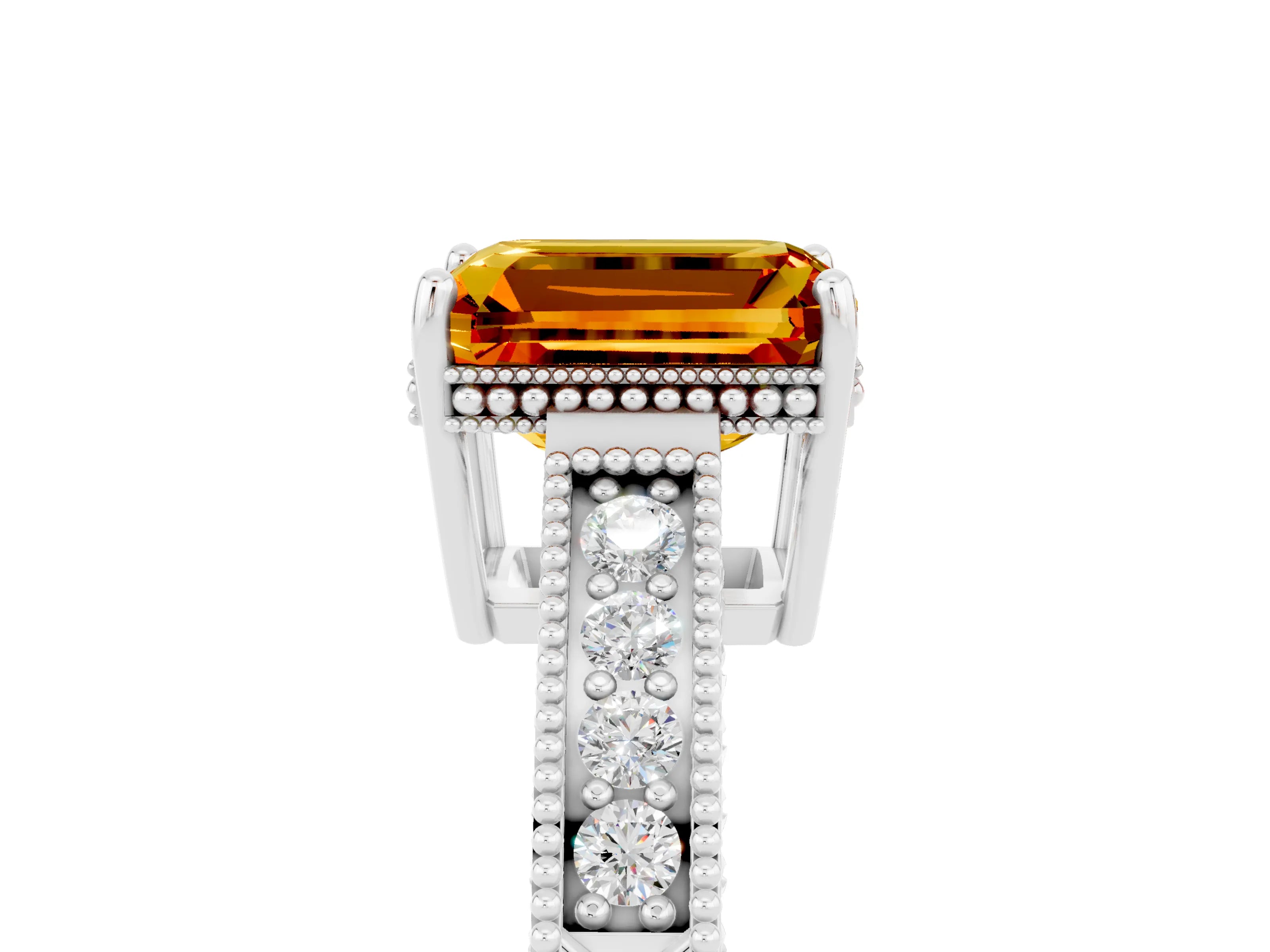 White gold Emerald Cut Citrine Ring with Milgrain Pavé Band and Four-Prong Setting_17