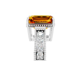 White gold Emerald Cut Citrine Ring with Milgrain Pavé Band and Four-Prong Setting_17