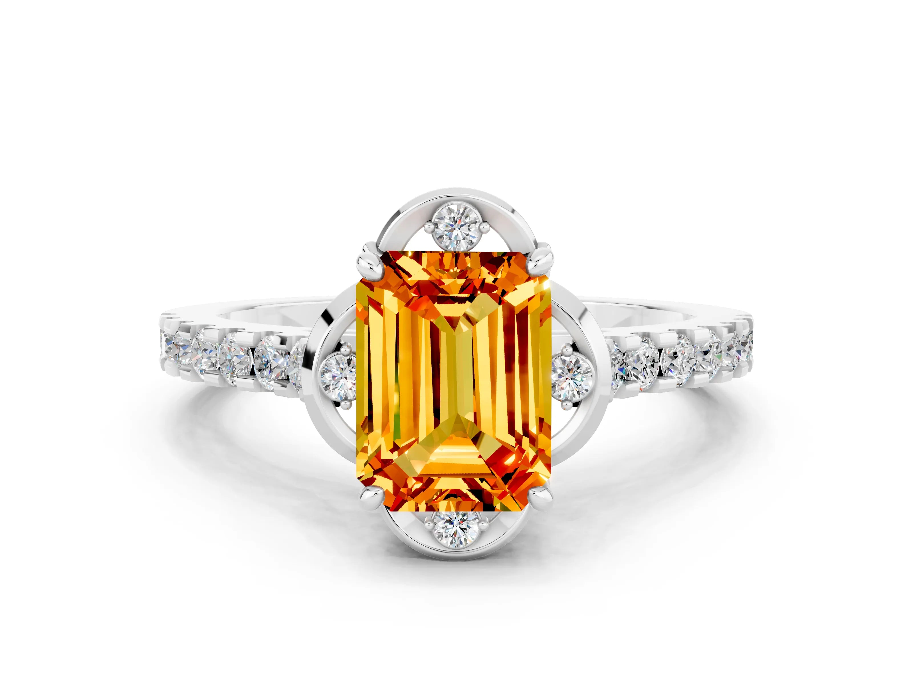 White gold Emerald Cut Citrine Ring with Pavé Band and Floral Prong Setting