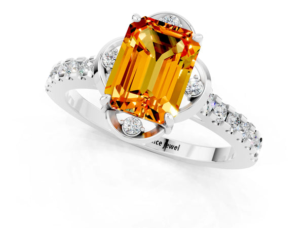 Platinum Emerald Cut Citrine Ring with Pavé Band and Floral Prong Setting