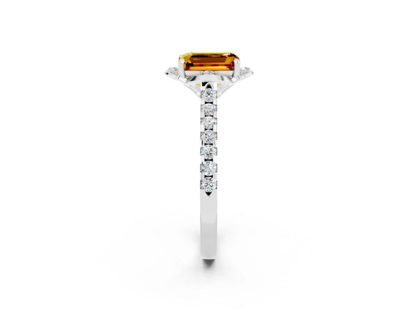 Silver Emerald Cut Citrine Ring with Pavé Band and Floral Prong Setting