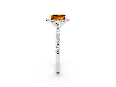 White gold Emerald Cut Citrine Ring with Pavé Band and Floral Prong Setting_2