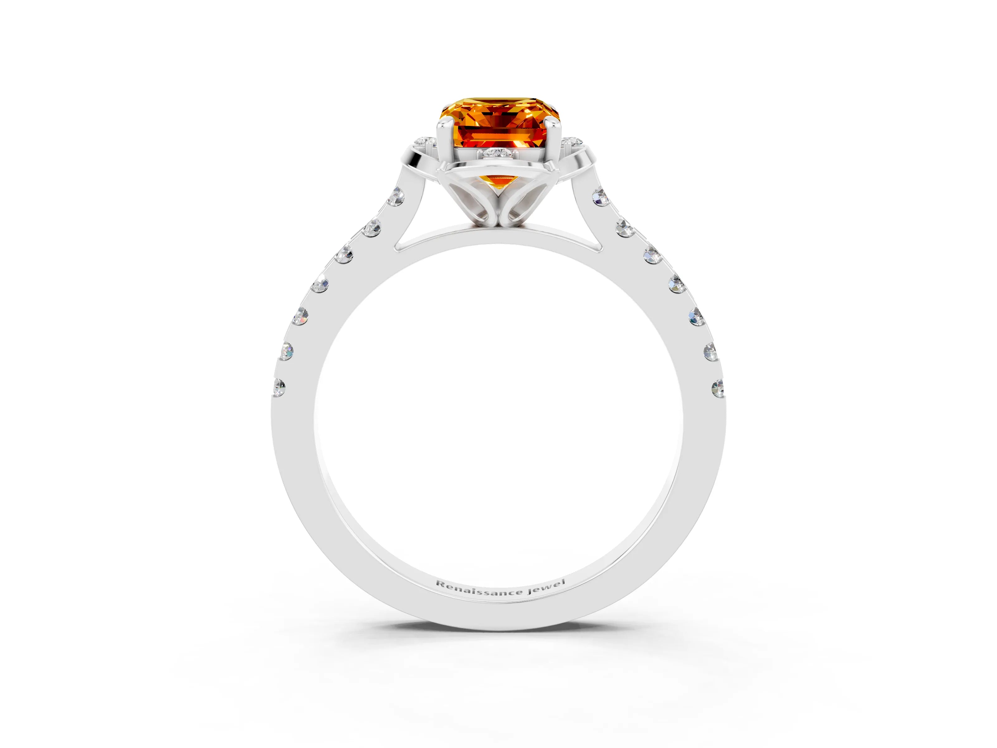 White gold Emerald Cut Citrine Ring with Pavé Band and Floral Prong Setting_3