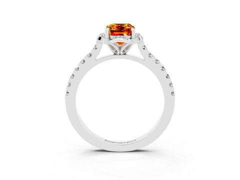 White gold Emerald Cut Citrine Ring with Pavé Band and Floral Prong Setting_3