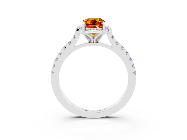 Silver Emerald Cut Citrine Ring with Pavé Band and Floral Prong Setting