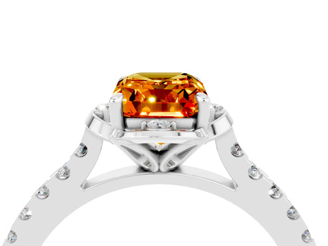 White gold Emerald Cut Citrine Ring with Pavé Band and Floral Prong Setting_4