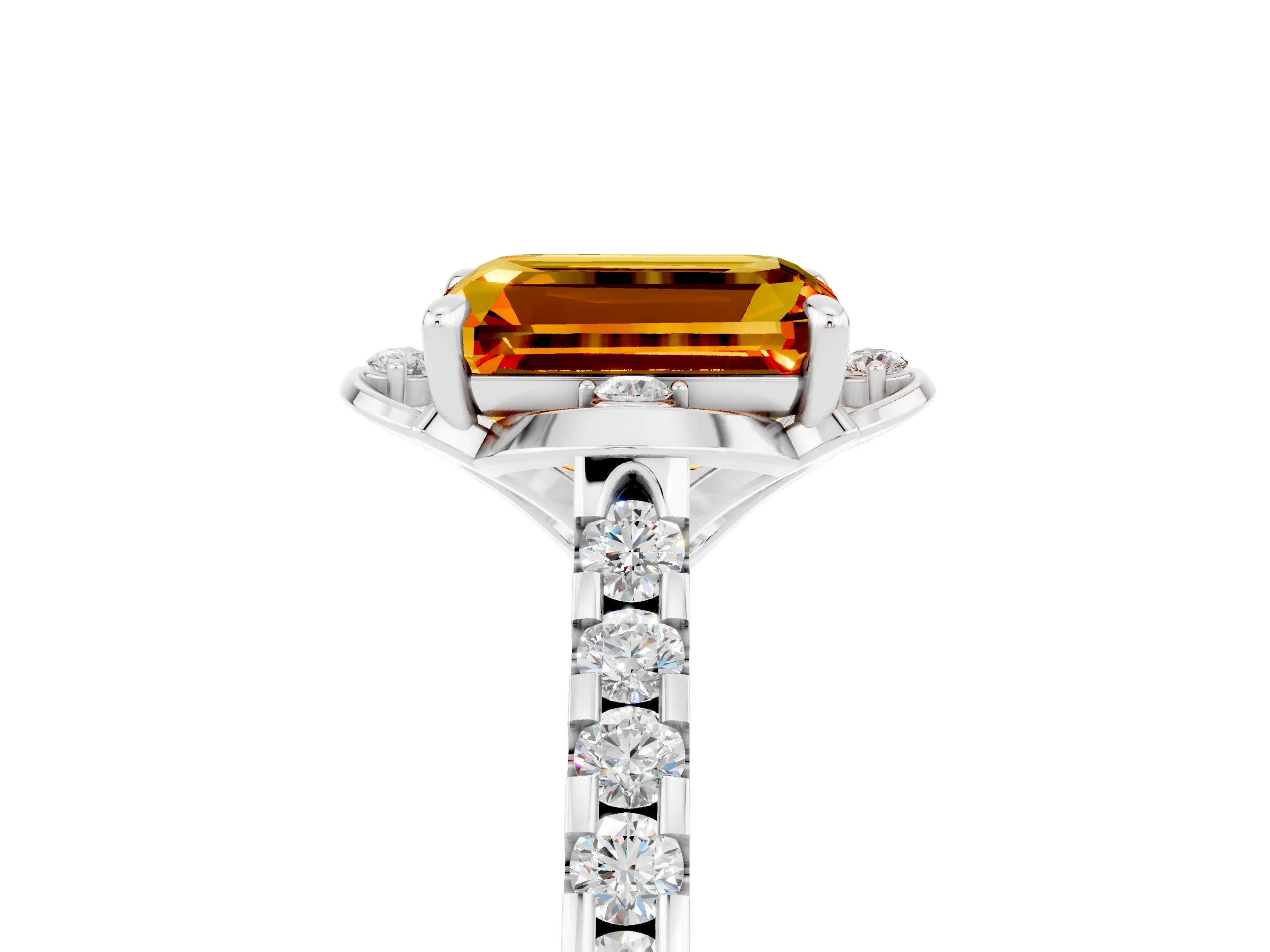 White gold Emerald Cut Citrine Ring with Pavé Band and Floral Prong Setting_5