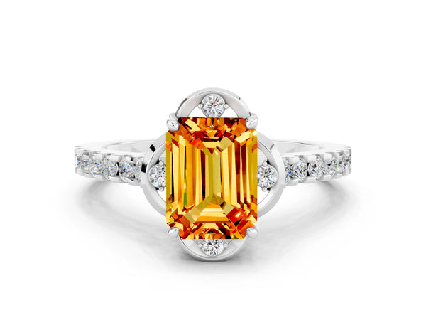 Silver Emerald Cut Citrine Ring with Pavé Band and Floral Prong Setting
