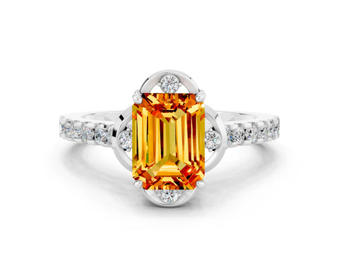 White gold Emerald Cut Citrine Ring with Pavé Band and Floral Prong Setting
