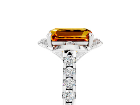 White gold Emerald Cut Citrine Ring with Pavé Band and Floral Prong Setting_5