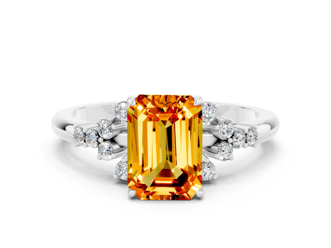 White gold Emerald Cut Citrine Ring with Side Stones and Four-Prong Setting_36