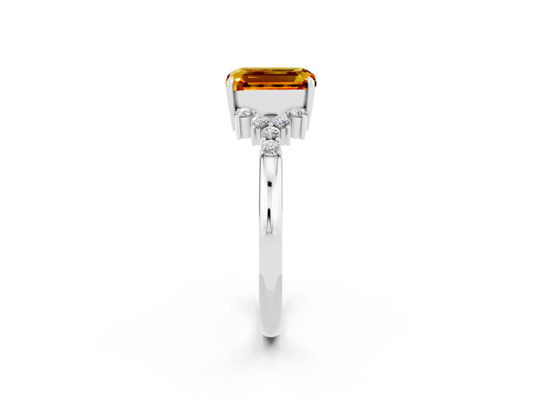 White gold Emerald Cut Citrine Ring with Side Stones and Four-Prong Setting