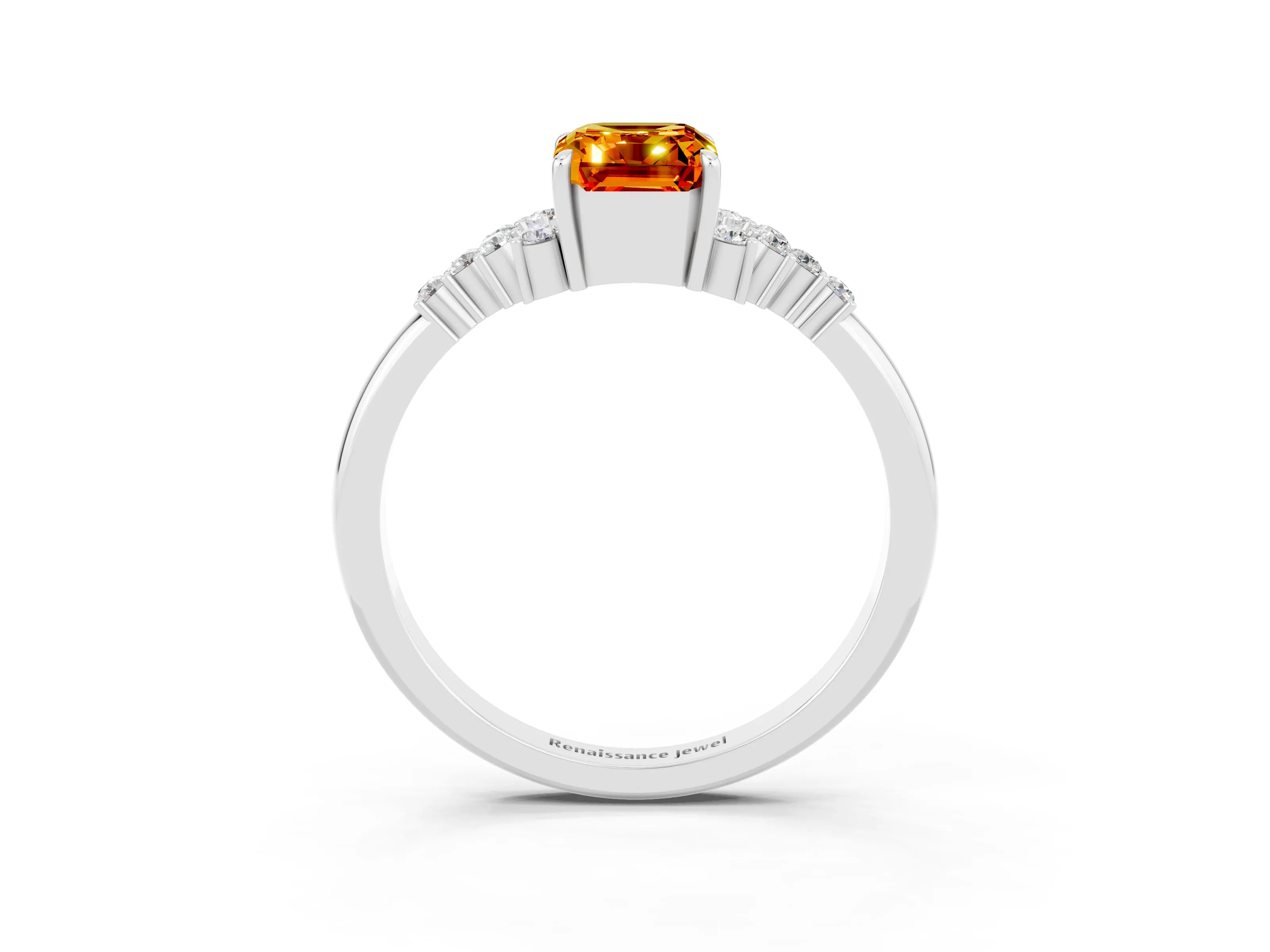 White gold Emerald Cut Citrine Ring with Side Stones and Four-Prong Setting_39