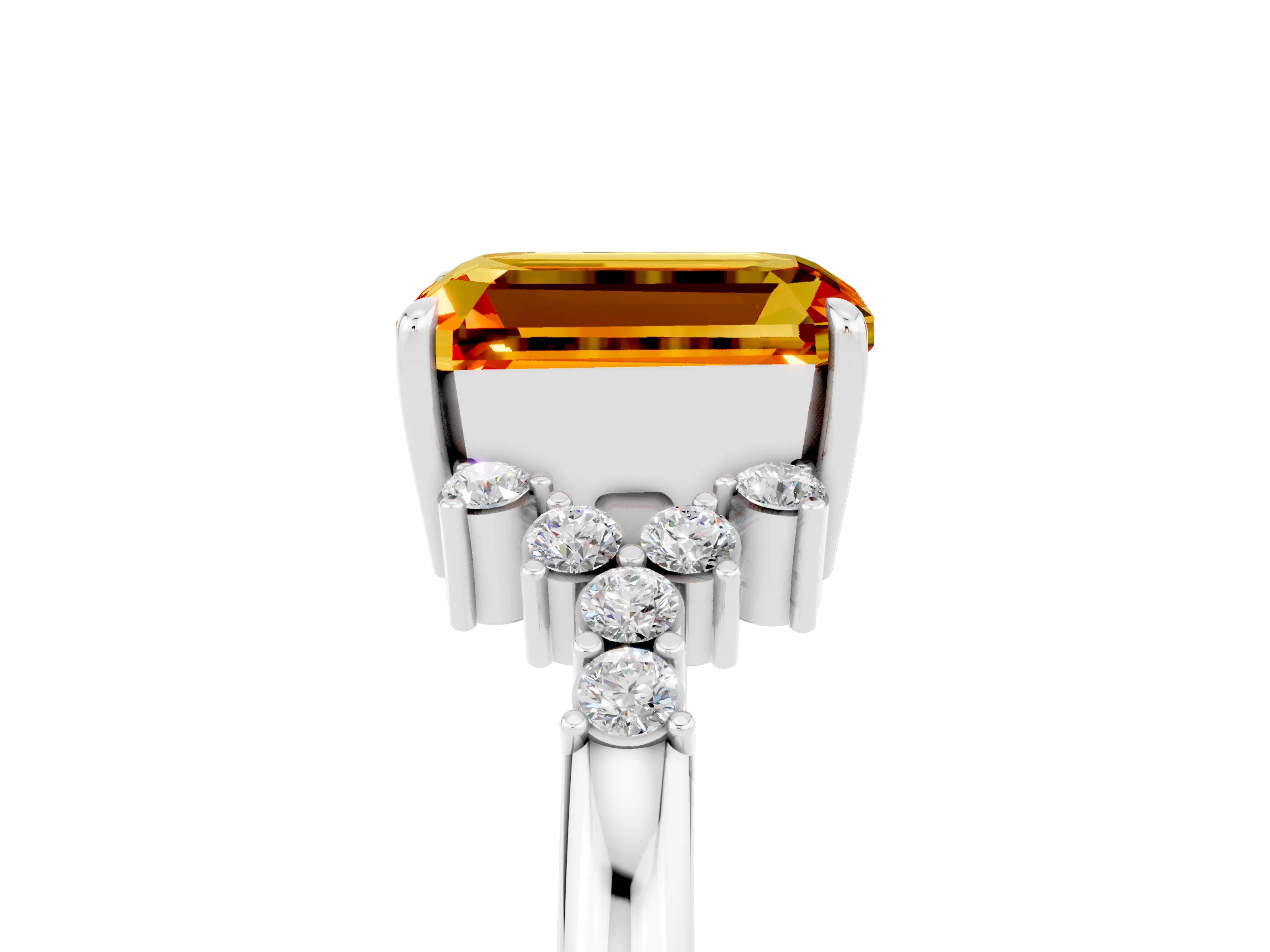 White gold Emerald Cut Citrine Ring with Side Stones and Four-Prong Setting_41