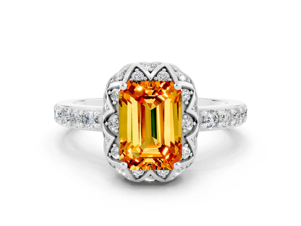Platinum Emerald Cut Citrine Scalloped Halo Engagement Ring with Round Shared Prong Band