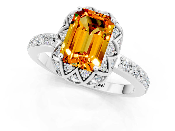 Silver Emerald Cut Citrine Scalloped Halo Engagement Ring with Round Shared Prong Band
