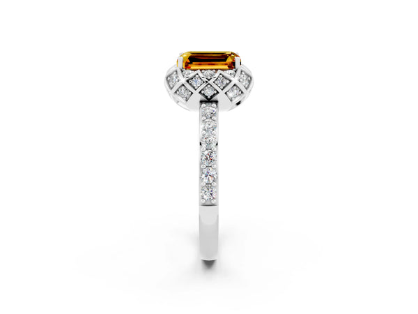 Platinum Emerald Cut Citrine Scalloped Halo Engagement Ring with Round Shared Prong Band