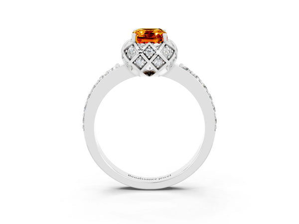 Platinum Emerald Cut Citrine Scalloped Halo Engagement Ring with Round Shared Prong Band