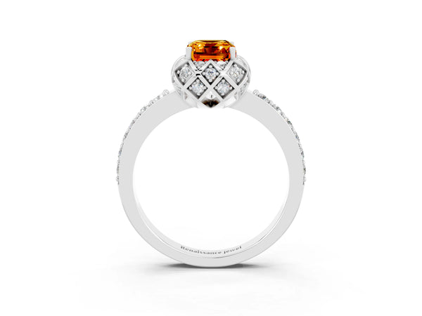 White gold Emerald Cut Citrine Scalloped Halo Engagement Ring with Round Shared Prong Band