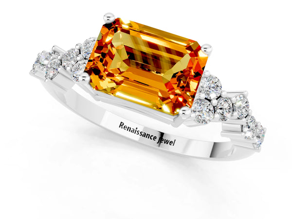 Platinum Emerald Cut Citrine Scattered Round Accent Ring with Prong Setting