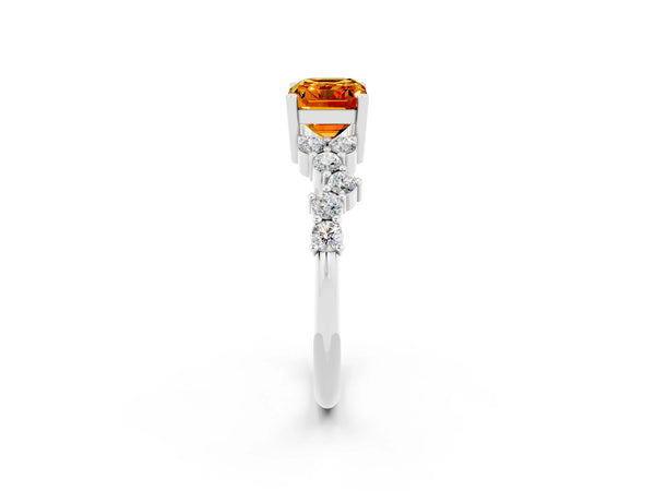 Silver Emerald Cut Citrine Scattered Round Accent Ring with Prong Setting