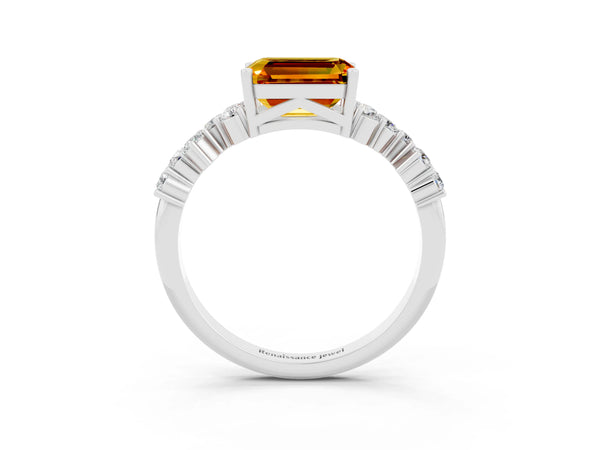 Platinum Emerald Cut Citrine Scattered Round Accent Ring with Prong Setting