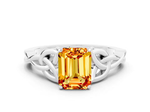 White gold Emerald Cut Citrine Solitaire Celtic Knot Ring with Four-Prong Setting_12