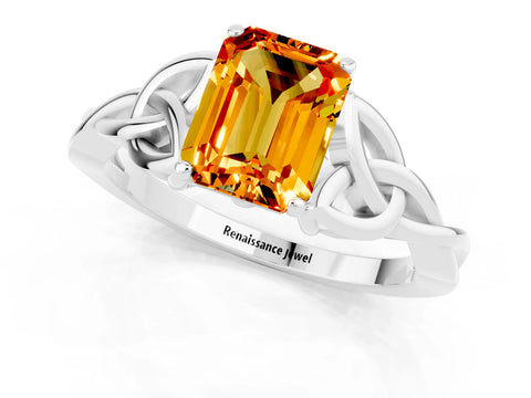 White gold Emerald Cut Citrine Solitaire Celtic Knot Ring with Four-Prong Setting_13