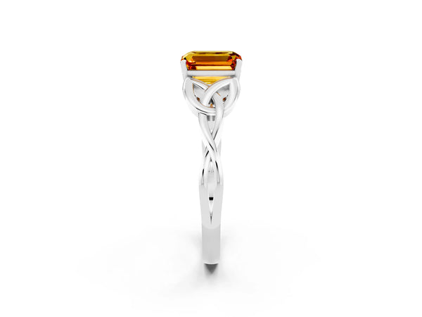White gold Emerald Cut Citrine Solitaire Celtic Knot Ring with Four-Prong Setting