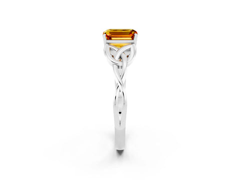 White gold Emerald Cut Citrine Solitaire Celtic Knot Ring with Four-Prong Setting_14