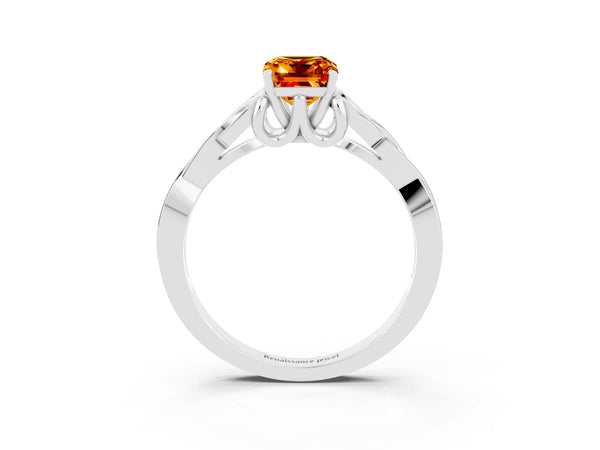 Platinum Emerald Cut Citrine Solitaire Celtic Knot Ring with Four-Prong Setting