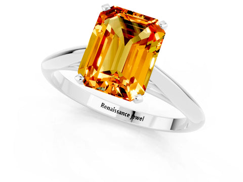 White gold Emerald Cut Citrine Solitaire Engagement Ring with Cathedral Setting and Four-Prong Mount_13