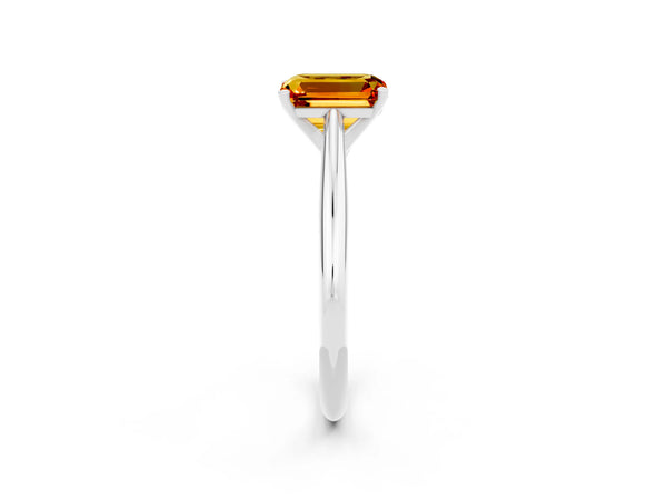 Silver Emerald Cut Citrine Solitaire Engagement Ring with Cathedral Setting and Four-Prong Mount