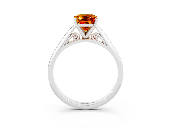 Platinum Emerald Cut Citrine Solitaire Engagement Ring with Cathedral Setting and Four-Prong Mount