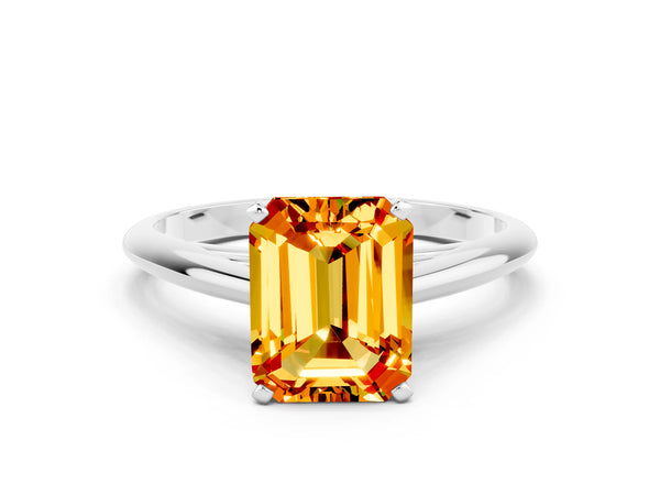 White gold Emerald Cut Citrine Solitaire Engagement Ring with Cathedral Setting and Four-Prong Mount