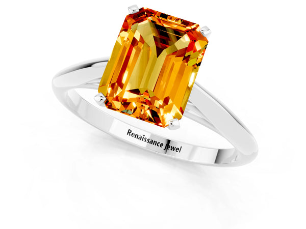 White gold Emerald Cut Citrine Solitaire Engagement Ring with Cathedral Setting and Four-Prong Mount